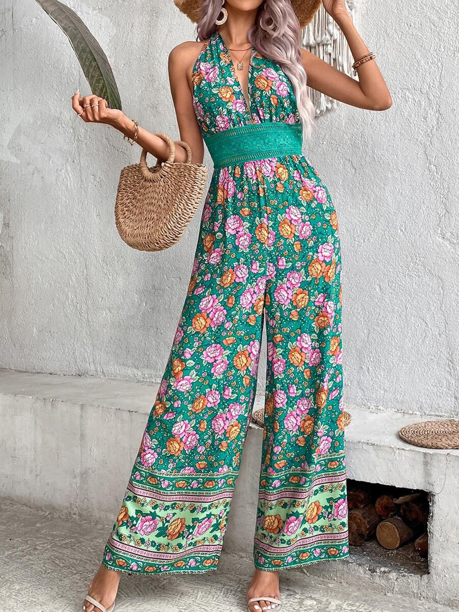 SHEIN VCAY Floral Print Tie Backless Wide Leg Halter Jumpsuit - Green - View 1