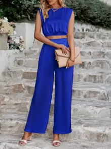 SHEIN VCAY Solid Satin Tank Top & Wide Leg Trousers - Royal Blue - View 3