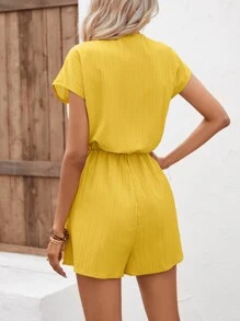 Breezaya 素色前紐扣腰上打結襯衫連體短褲 - 黃色 - 查看 2