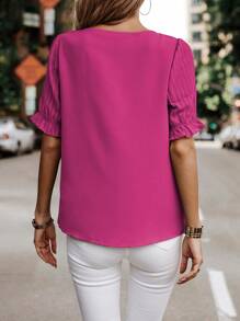 SHEIN LUNE Solid Flounce Sleeve V Neck Blouse - Hot Pink - View 2
