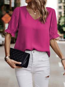 SHEIN LUNE Solid Flounce Sleeve V Neck Blouse - Hot Pink - View 3