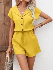 Breezaya 素色前紐扣腰上打結襯衫連體短褲 - 黃色 - 查看 5