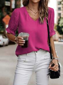 SHEIN LUNE Solid Flounce Sleeve V Neck Blouse - Hot Pink - View 4