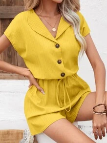 Breezaya 素色前紐扣腰上打結襯衫連體短褲 - 黃色 - 查看 6