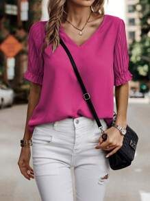 SHEIN LUNE Solid Flounce Sleeve V Neck Blouse - Hot Pink - View 6