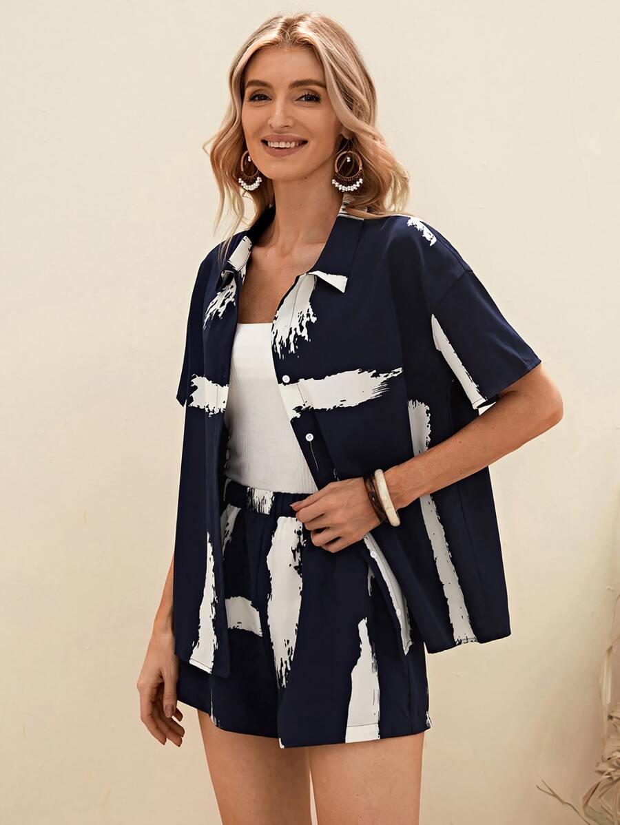 EMERY ROSE 筆刷圖案落肩袖襯衫和短褲不附吊帶上衣