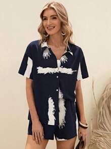 EMERY ROSE 筆刷圖案落肩袖襯衫和短褲不附吊帶上衣