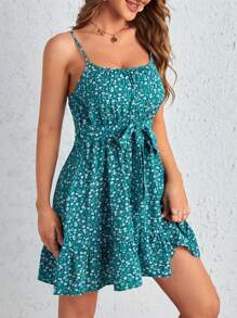 SHEIN Frenchy 碎花荷葉邊腰帶吊帶洋裝