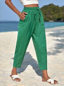 EURMUSE Drawstring Waist Slant Pocket Trousers - Green - View 4