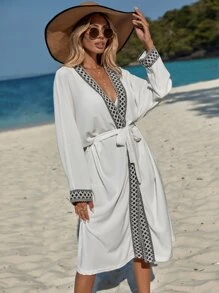 EURMUSE Contrast Trim Batwing Sleeve Belted Kimono, For Summer Beach Vacation - White - View 4