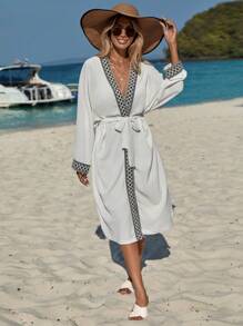 EURMUSE Contrast Trim Batwing Sleeve Belted Kimono, For Summer Beach Vacation - White - View 5