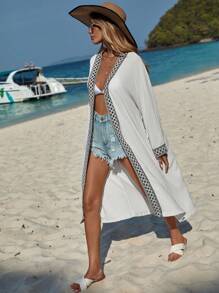 EURMUSE Contrast Trim Batwing Sleeve Belted Kimono, For Summer Beach Vacation - White - View 7