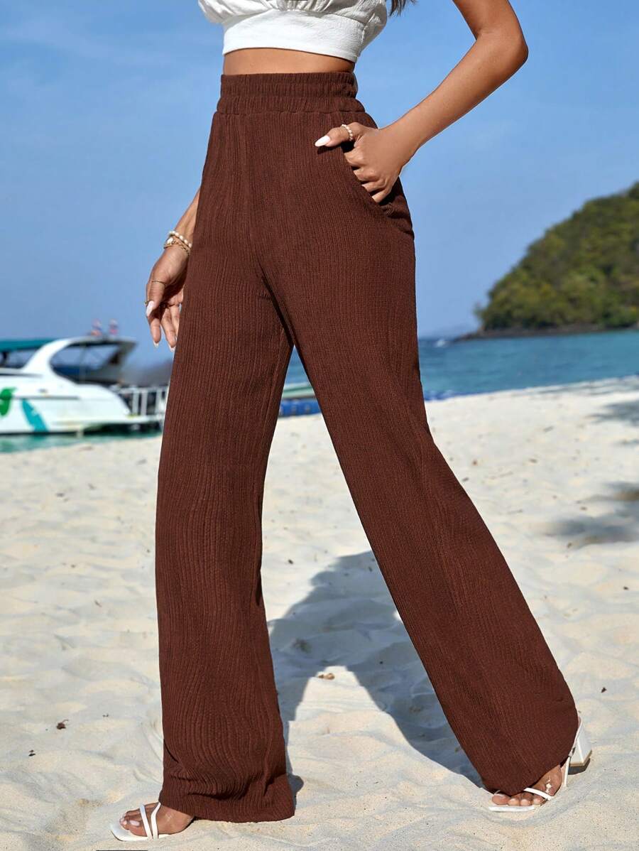 EURMUSE High Waist Slant Pocket Wide Leg Trousers - Rust Brown - View 1