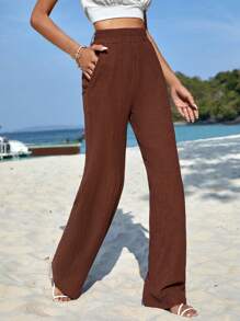 EURMUSE High Waist Slant Pocket Wide Leg Trousers - Rust Brown - View 4