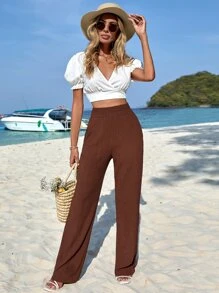 EURMUSE High Waist Slant Pocket Wide Leg Trousers - Rust Brown - View 5