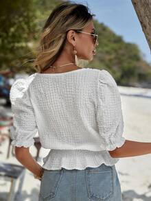 EURMUSE Square Neck Puff Sleeve Peplum Blouse - White - View 2