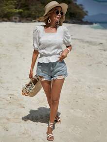 EURMUSE Square Neck Puff Sleeve Peplum Blouse - White - View 4