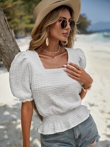 EURMUSE Square Neck Puff Sleeve Peplum Blouse - White - View 6