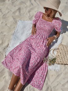 EURMUSE Ditsy Floral Print Square Neck Puff Sleeve Ruffle Hem Dress - Pink - View 1