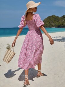 EURMUSE Ditsy Floral Print Square Neck Puff Sleeve Ruffle Hem Dress - Pink - View 2
