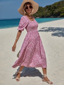 EURMUSE Ditsy Floral Print Square Neck Puff Sleeve Ruffle Hem Dress - Pink - View 4