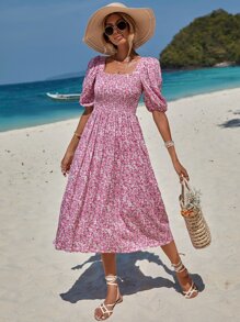 EURMUSE Ditsy Floral Print Square Neck Puff Sleeve Ruffle Hem Dress - Pink - View 6