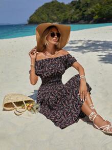 EURMUSE Ditsy Floral Print Off Shoulder Puff Sleeve Dress - Multicolor - View 6