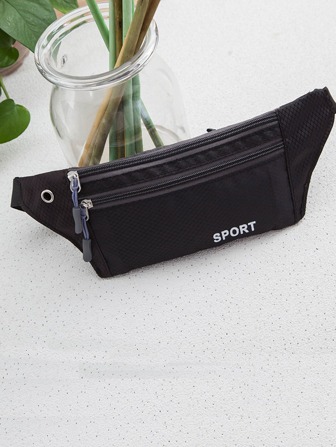 Letter Print Fanny Pack Black Adjustable Strap With USB Charging Port For Sport