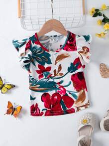 SHEIN Toddler Girls Tropical Print Ruffle Trim Tee - Multicolor - View 1