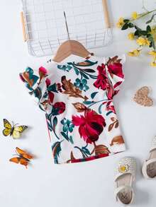 SHEIN Toddler Girls Tropical Print Ruffle Trim Tee - Multicolor - View 2
