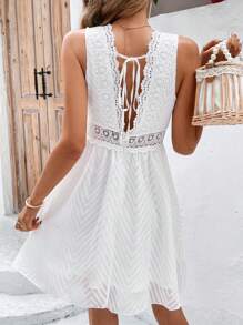 SHEIN Frenchy Guipure Lace Insert Dress Summer New Year Elegant White Evening Dress White - White - View 2