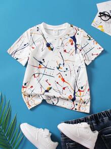 SHEIN Young Boy Fashionable Reflective Tie Dye Print Short Sleeve Round Neck Loose Breathable T-shirt, Suitable For Parties And Casual Outings In Summer - White - View 1