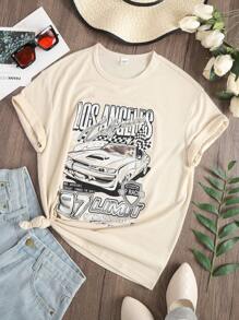 SHEIN Tops con gái Ô tô/xe hơi Lá thư Giải trí - Màu be - Xem 1