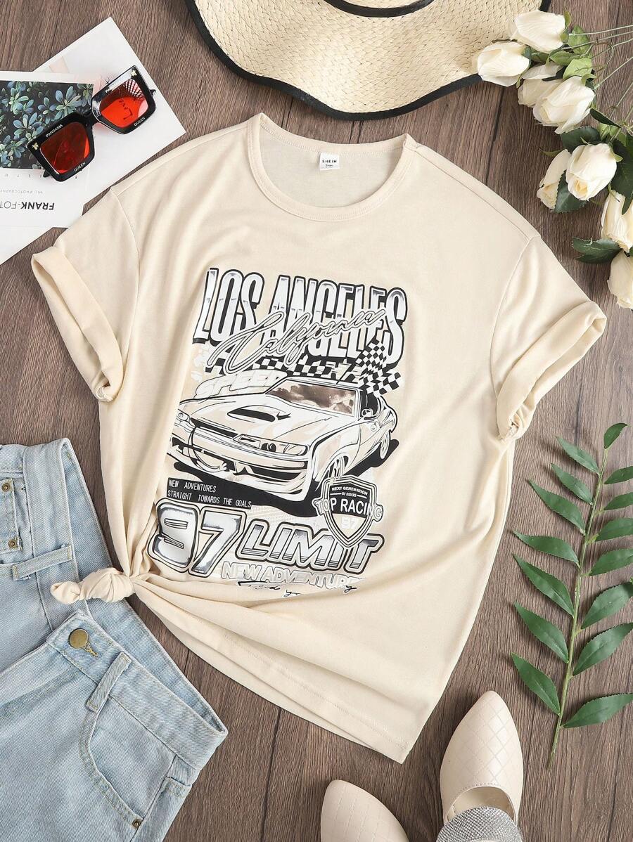 SHEIN 青少年女孩汽車和字母圖案T恤 - 杏色 - 查看 1