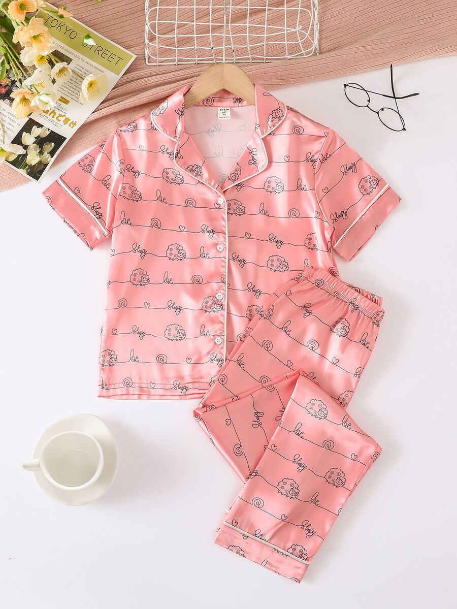 Girls Cartoon Graphic Contrast Piping Satin PJ Set - Pink - View 1