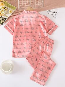 Girls Cartoon Graphic Contrast Piping Satin PJ Set - Pink - View 2