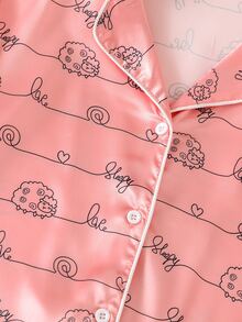 Girls Cartoon Graphic Contrast Piping Satin PJ Set - Pink - View 3