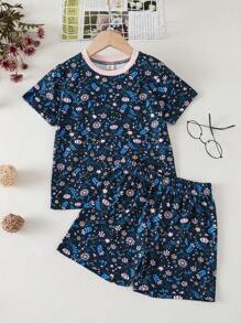 Toddler Girls Floral Print Contrast Trim PJ Set - Navy Blue - View 1