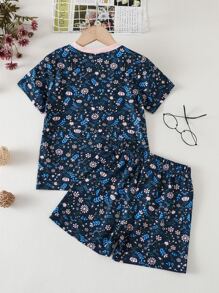 Toddler Girls Floral Print Contrast Trim PJ Set - Navy Blue - View 2