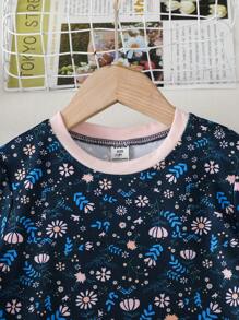 Toddler Girls Floral Print Contrast Trim PJ Set - Navy Blue - View 5