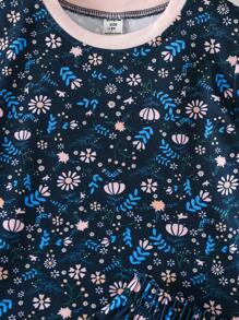 Toddler Girls Floral Print Contrast Trim PJ Set - Navy Blue - View 7