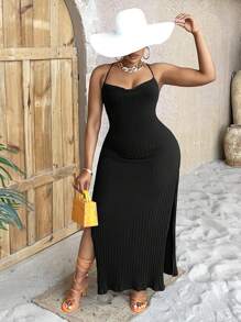 Slaydiva Đầm Plus Size Lộ Lưng Buộc lại Tách cao màu trơn Gợi cảm - màu đen - Xem 1