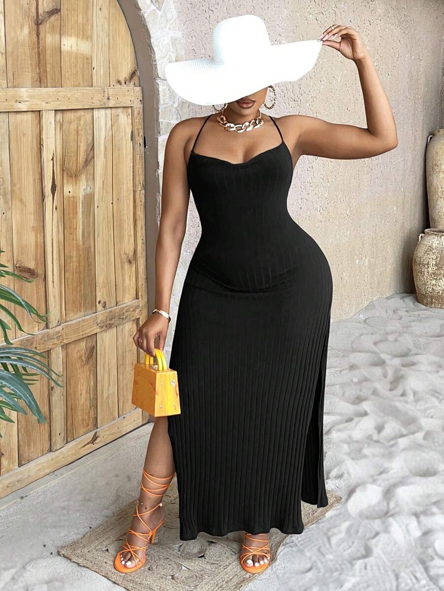 Slaydiva Đầm Plus Size Lộ Lưng Buộc lại Tách cao màu trơn Gợi cảm - màu đen - Xem 1