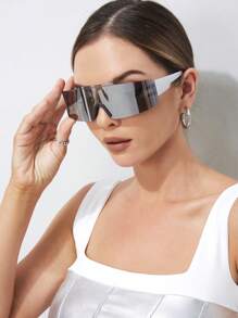 1入組女士時尚環繞式太陽眼鏡帶防紫外線度假款，男士太陽眼鏡附眼鏡盒 - 銀色 - 查看 1