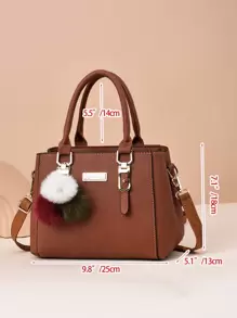 轻巧，商务休闲荔枝压花方形包 Pom Pom 装饰 PU，母亲节礼物，适合妈妈，适合少女女士大学生，新秀和白领工作者，非常适合办公室，大学，工作，商务，通勤，户外，旅行，郊游，商务休闲女士包非常适合办公室商务和工作，有史以来最好的母亲节礼物 - 棕色 - 查看 4