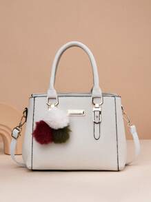 Litchi Embossed Square Bag Pom Pom Decor PU, Mother's Day Gift For Mom, Best Mother's Day Gifts Ever - White - View 5