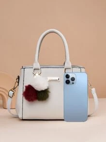 Litchi Embossed Square Bag Pom Pom Decor PU, Mother's Day Gift For Mom, Best Mother's Day Gifts Ever - White - View 6