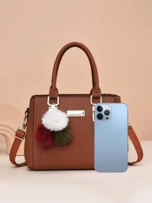 轻巧，商务休闲荔枝压花方形包 Pom Pom 装饰 PU，母亲节礼物，适合妈妈，适合少女女士大学生，新秀和白领工作者，非常适合办公室，大学，工作，商务，通勤，户外，旅行，郊游，商务休闲女士包非常适合办公室商务和工作，有史以来最好的母亲节礼物 - 棕色 - 查看 7