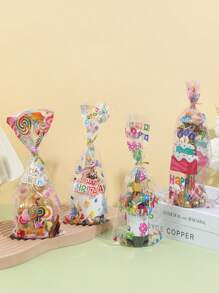 50pcs Plastic Gift Wrapping Bag, Slogan & Cake Pattern Gift Bag,Christmas Valentine Day