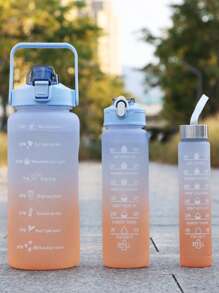 3pcs Letter Graphic Ombre Water Bottle - Blue - View 3